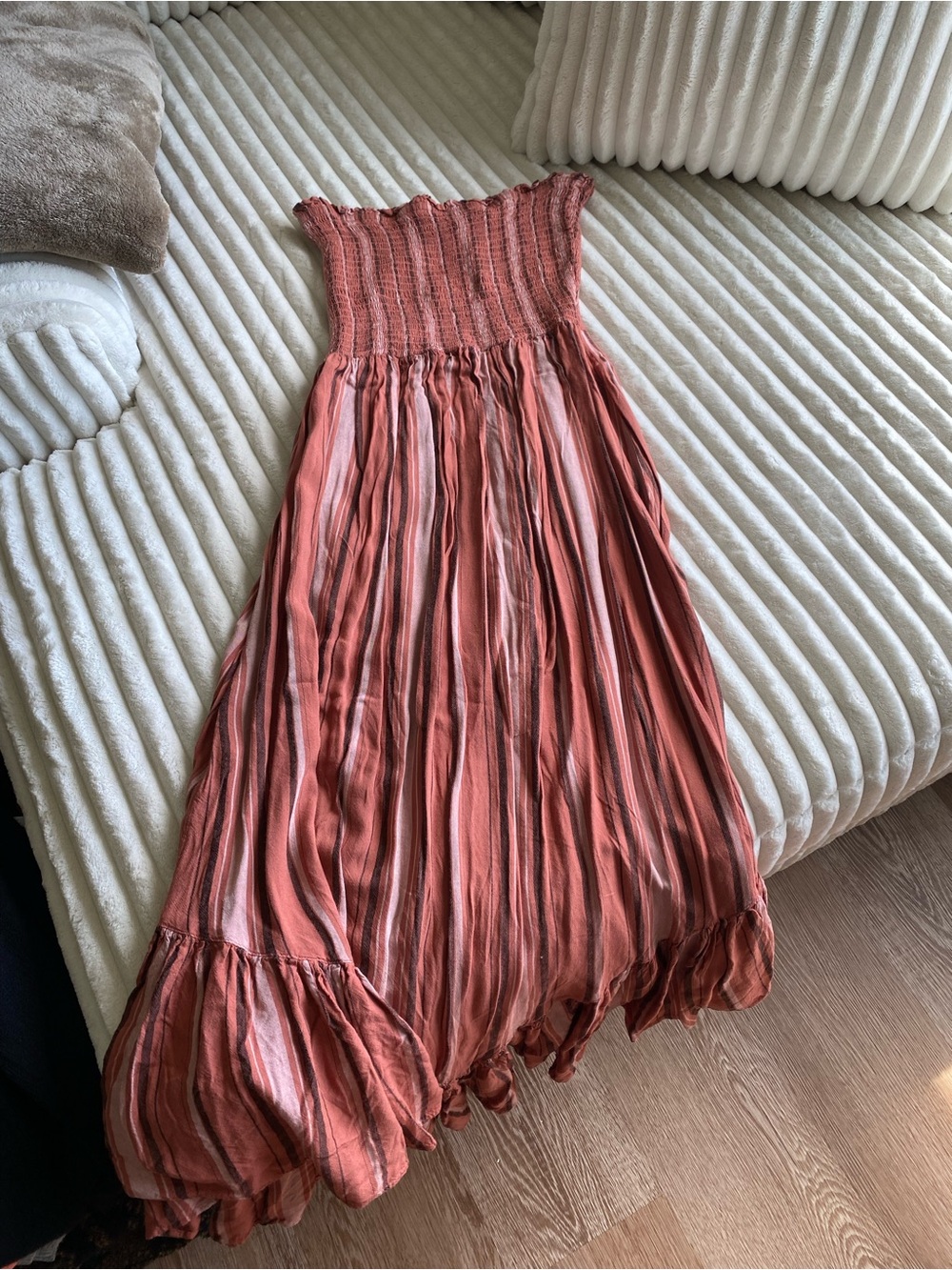 Angie Rust and Pink Smocked Strapless Maxi